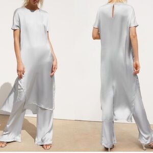 ZARA 2-Piece Set Satin Effect Silver Gray Flared Trousers & Tunic Dress